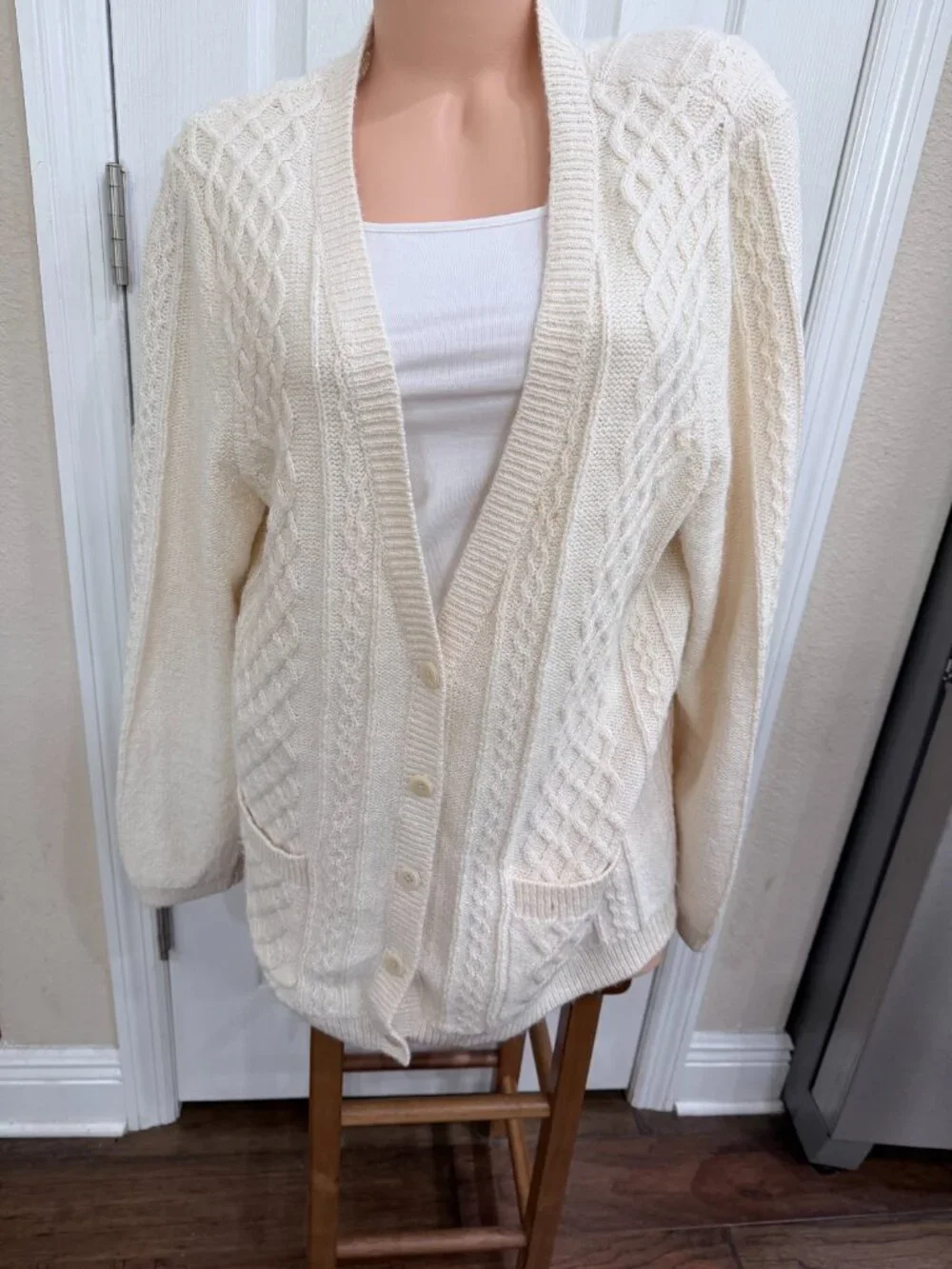 Talbots Petites XL Cream Cable Knit Cardigan Cotton Button Front Preppy